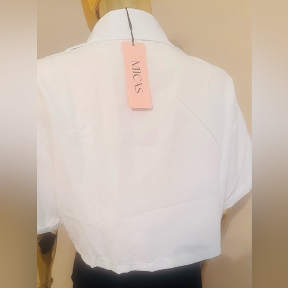 Micas Trendy White Crop Shirt Button-Up Collared Short Sleeve, NWT - Picture 8 of 10